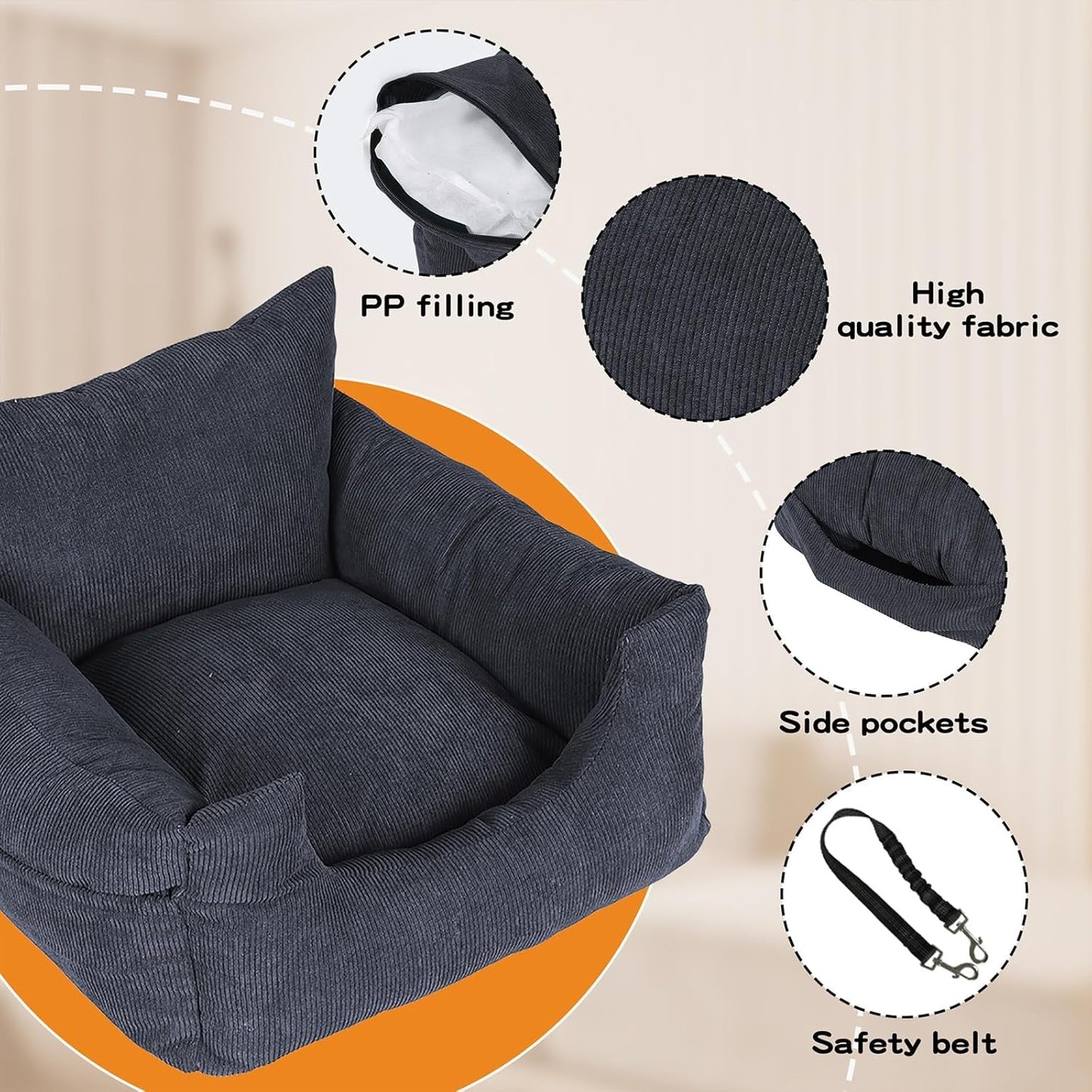 Skylos Pet Car Booster Seat & Portable Dog Bed – Adjustable Safety Belt, Washable Cover, Dusty Blue 80×55×30cm | Kirrie Pet Supplies